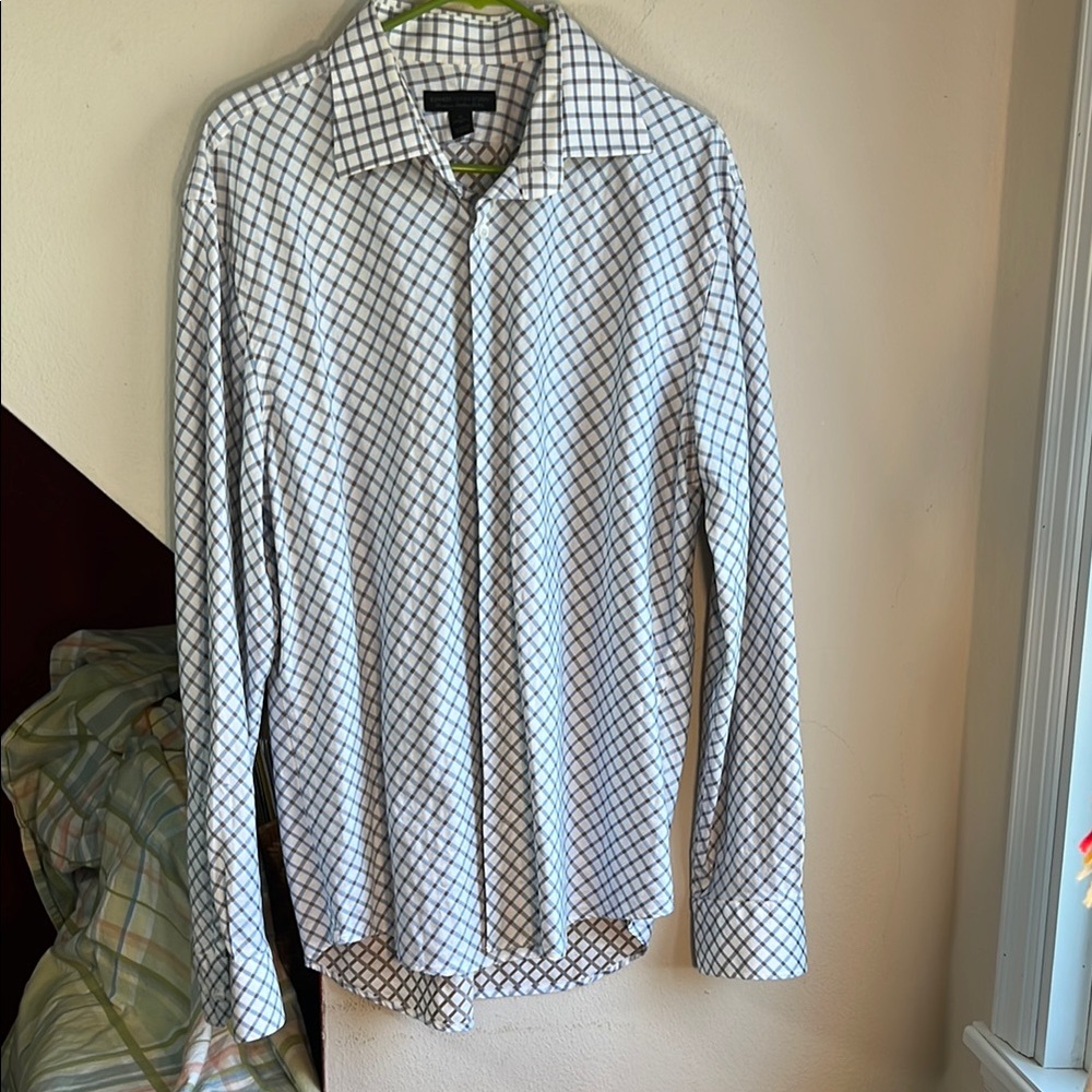 Men's White and Blue Checkered Button Down Shirt XL